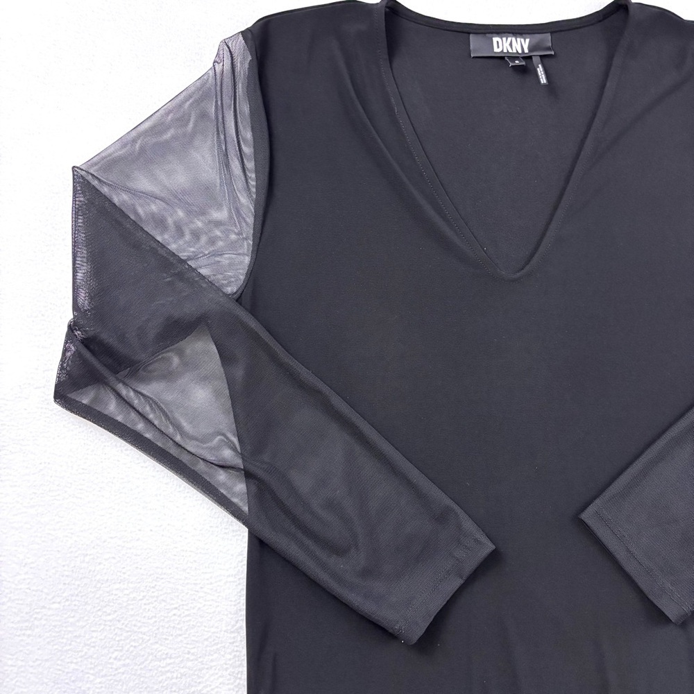 DKNY Black V-Neck Sheer Arms Double Snap Ballet Bodysuit Top (XL) - Picture 4 of 15